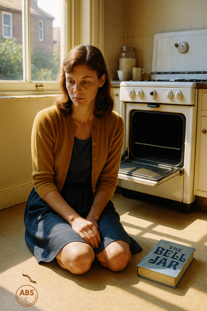 A young woman sits quietly on the kitchen floor near an old gas oven, sunlight casting soft shadows across her face and dress. A copy of The Bell Jar lies beside her. The room is warm and tidy, evoking a mix of stillness, sadness, and beauty.