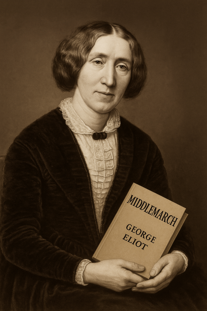 A sepia-toned portrait of George Eliot seated with a composed expression, holding a vintage edition of her novel Middlemarch in her lap.