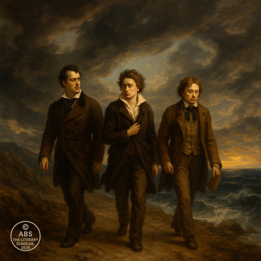 An oil painting in Romantic style showing Lord Byron, Percy Bysshe Shelley, and John Keats