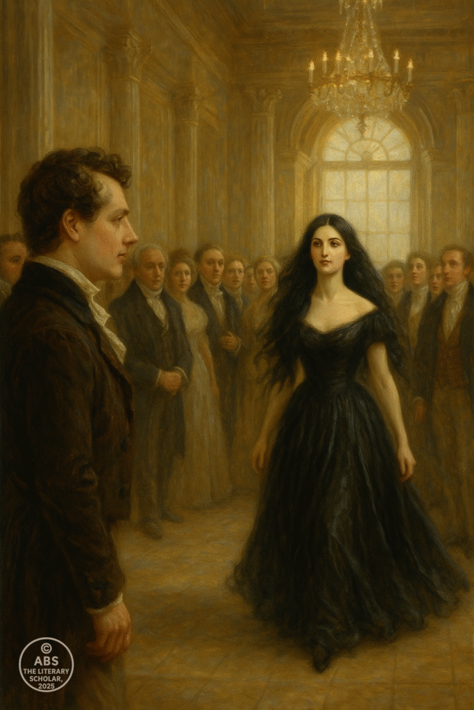 An oil painting in Romantic style showing Lord Byron gazing at Anne Wilmot as she enters a ballroom in a shimmering black gown, inspiring his poem She Walks in Beauty.