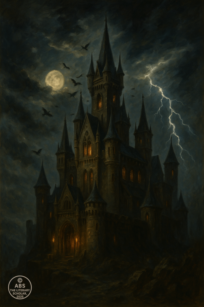 An oil painting in Gothic Romantic style showing a towering ancient castle beneath a stormy sky, surrounded by dark woods and swirling mist — evoking mystery and supernatural atmosphere.