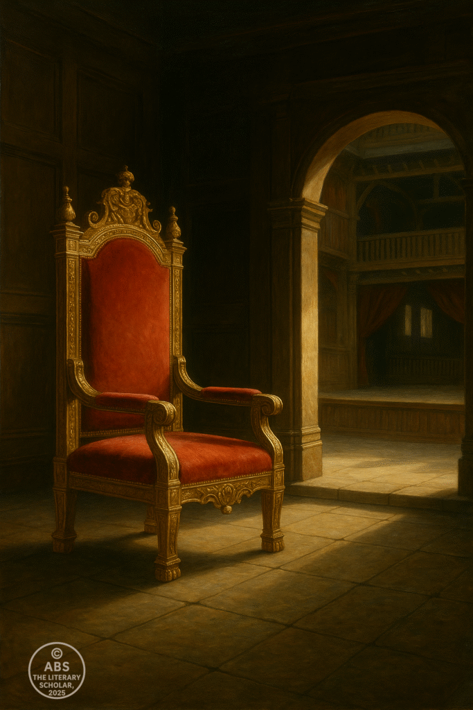 Baroque oil painting of an empty royal throne bathed in sunlight in a darkened court, with an open stage of the Globe Theatre visible in the background.