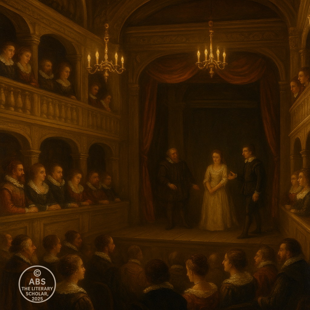 Baroque oil painting of an intimate Jacobean-era indoor theatre, with aristocratic audience in ornate balconies watching actors perform on a candlelit stage.