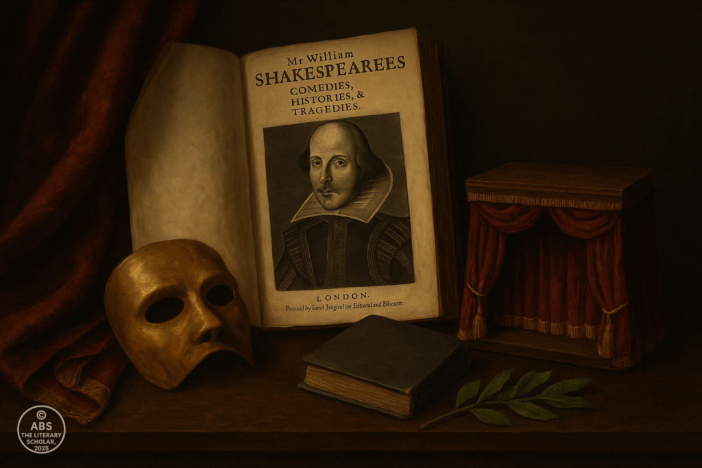 Baroque oil painting-style still life scene portraying Shakespeare’s First Folio, a gold theatrical mask, a closed miniature stage curtain, and a sprig of laurel—symbols of the closed Elizabethan stage.