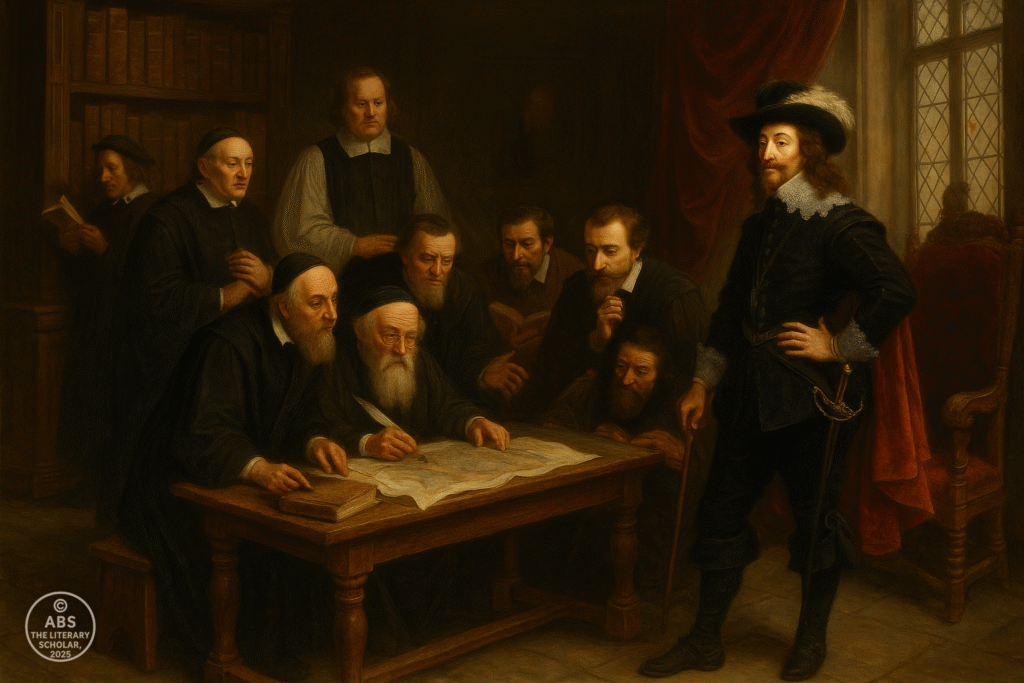 Baroque oil painting depicting King Charles I standing in royal attire beside a group of scholars working at a wooden table in a sunlit library, surrounded by ancient books and scrolls.