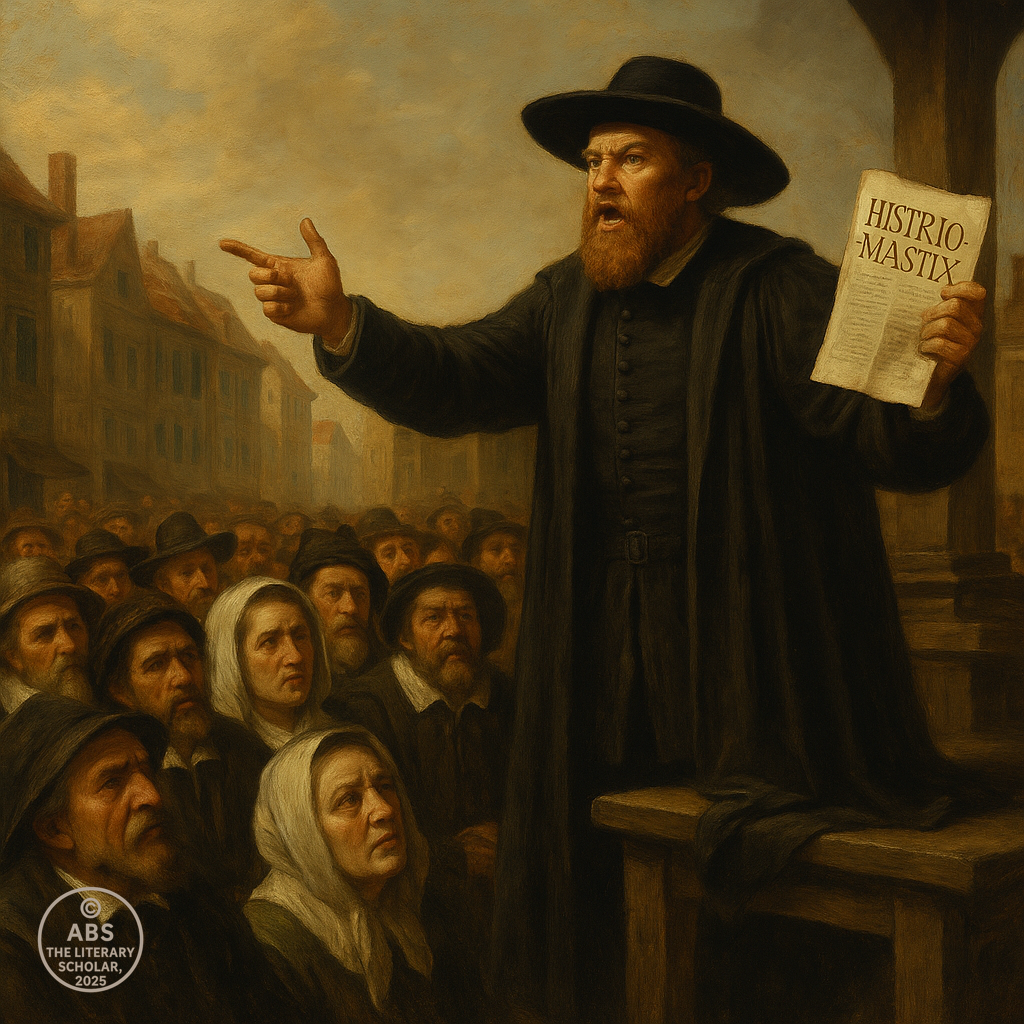 Baroque-style oil painting of a stern Puritan preacher standing on a raised platform in a public square, holding a pamphlet titled "HISTRIO-MASTIX" and gesturing passionately toward a tense crowd of onlookers.