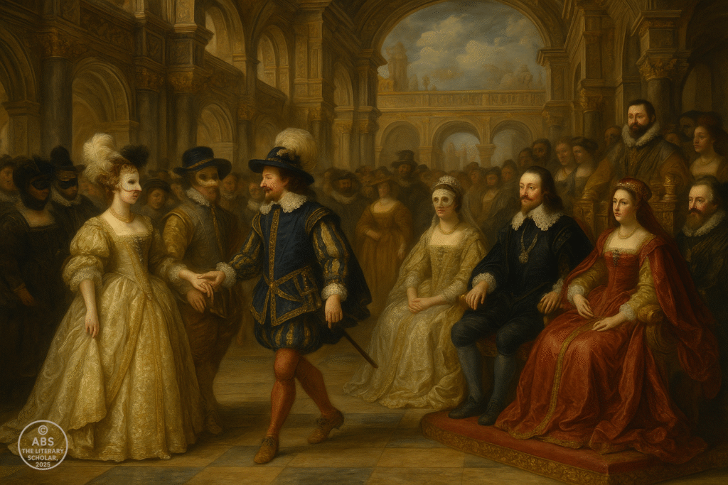 Baroque-style oil painting depicting a masque at King Charles I’s court, with nobles in ornate costumes and masks dancing in a grand hall, while the royal couple observes from a gilded throne.