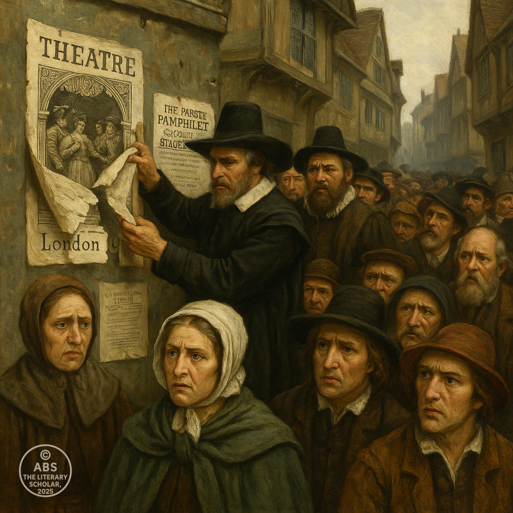 A 17th-century London street scene showing a stern man tearing a theatre bill from a wall as anxious townsfolk look on, surrounded by Puritan pamphlets and signs condemning stage plays.