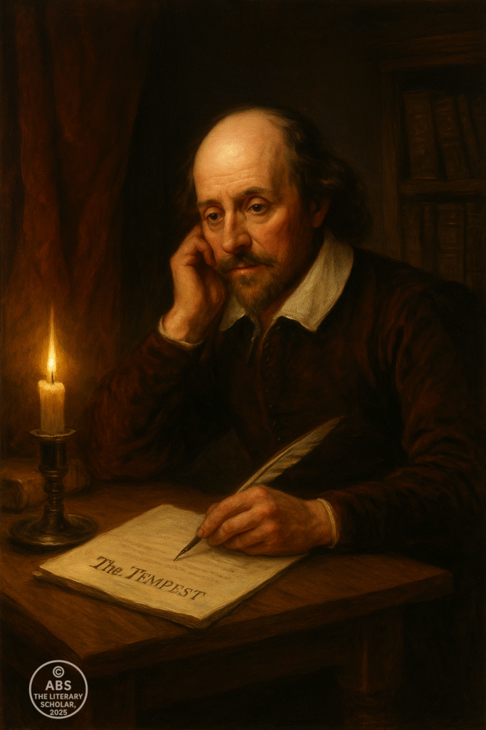 Baroque oil painting of an older William Shakespeare writing by candlelight, with The Tempest script open on the desk.