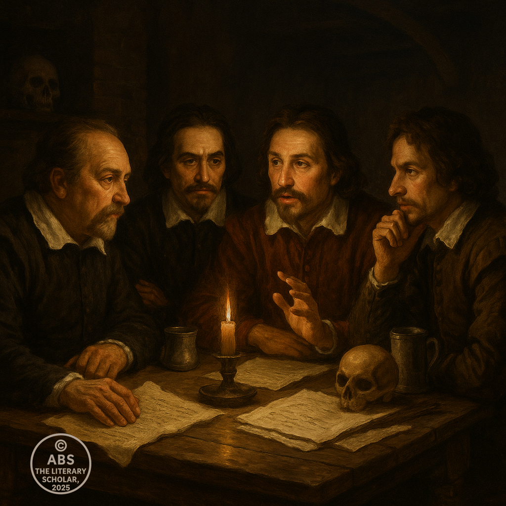 Baroque-style oil painting of four Jacobean playwrights in a dim tavern, discussing macabre themes around a candlelit table with scattered papers and a skull.