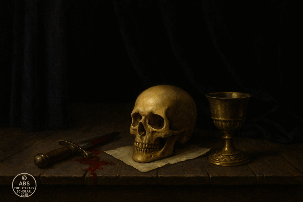 Baroque-style still life painting of a dimly lit stage tableau featuring a human skull, bloodied dagger, black velvet curtain backdrop, and a tarnished chalice.