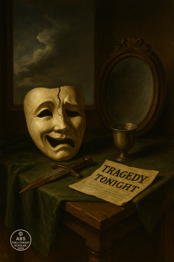 Baroque-style oil painting of a somber scene with a cracked theatre mask, a mirror, a tarnished goblet, a dagger, and a playbill reading "Tragedy Tonight" against a stormy sky background.