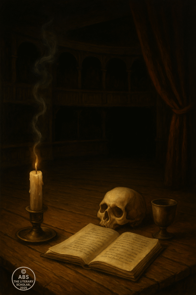 Traditional oil painting of an empty theatre stage with an extinguished candle, smoke rising, an open script, and a skull beside a goblet—symbolising the end of the Jacobean theatrical era.