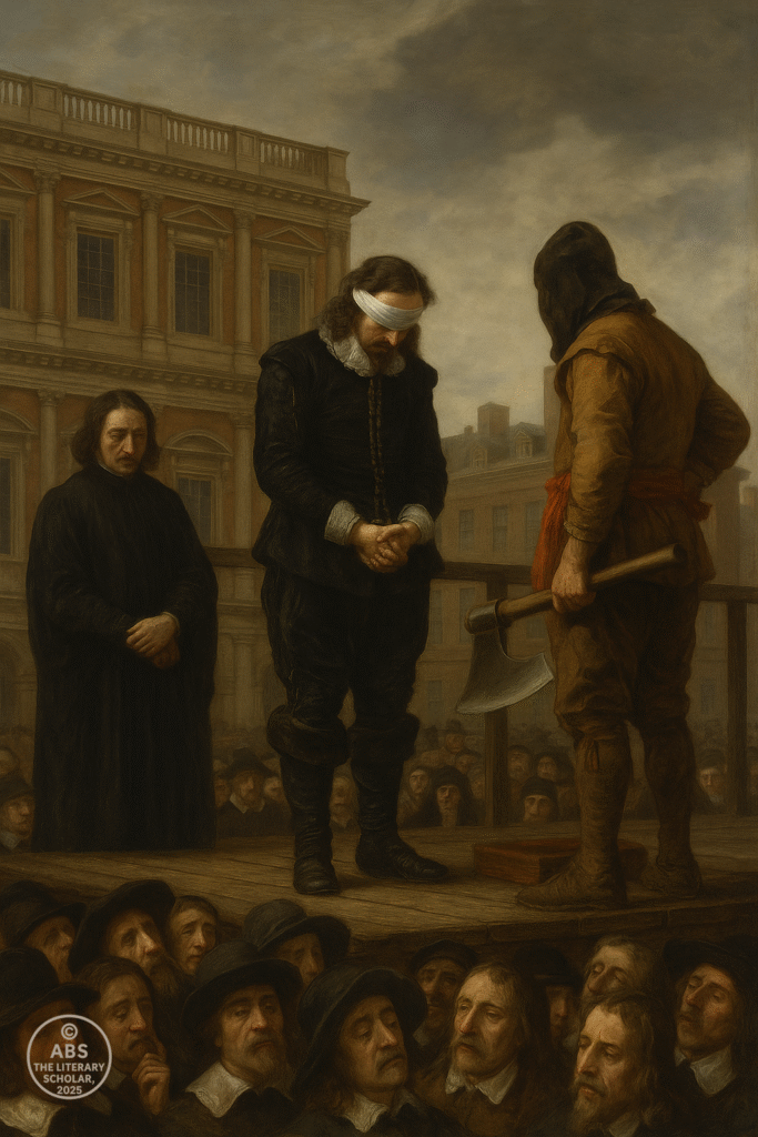King Charles I, blindfolded and solemn, stands on the execution scaffold with an executioner holding an axe, a grieving attendant nearby, and a mourning crowd watching against the backdrop of the Banqueting House.