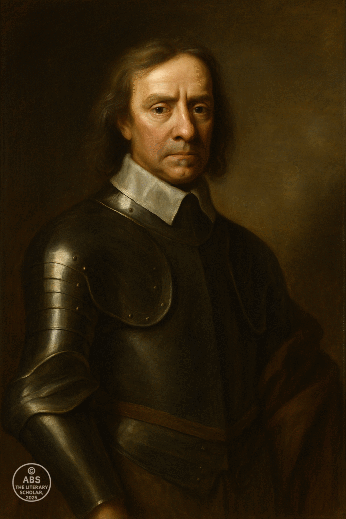 A Baroque portrait of Oliver Cromwell in black armor, gazing sternly with sharp features against a dark background.
