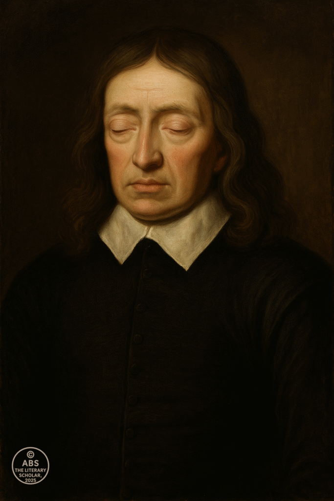 A Baroque-style portrait of the blind John Milton with a solemn expression, wearing a dark buttoned coat and white collar, against a dark background.