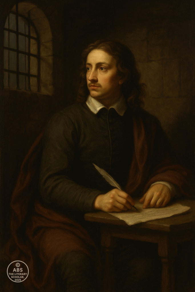 A Baroque painting of Richard Lovelace writing poetry in a dim prison cell with a quill, gazing toward the light through an iron-barred window.