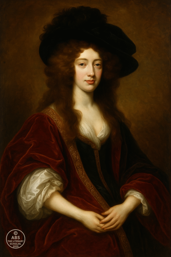 Baroque portrait of Margaret Cavendish in a red velvet gown and black hat, seated with a composed expression, against a rich textured background.