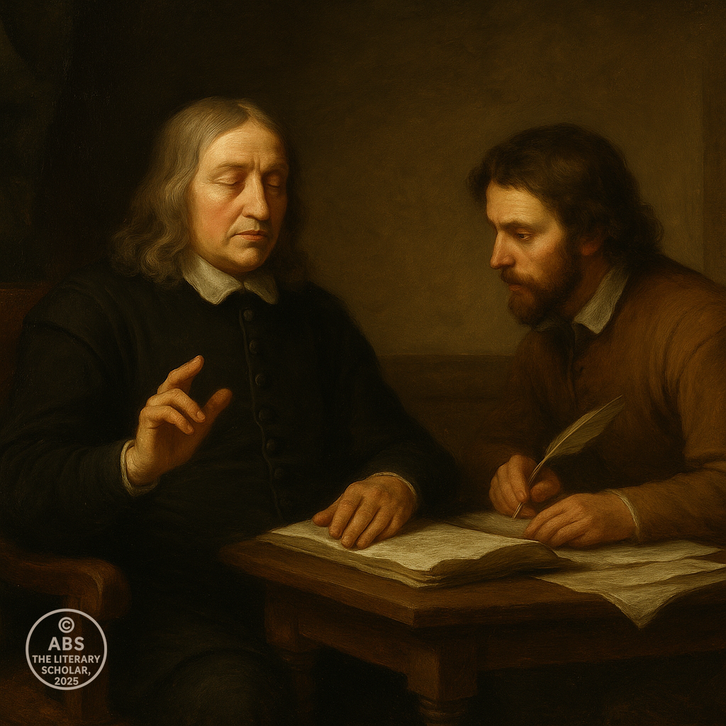 Baroque painting of blind John Milton dictating Samson Agonistes to a young scribe in a dimly lit 17th-century room, parchment and quill on the desk.