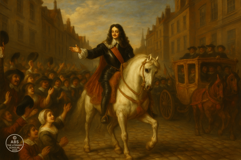 Baroque painting of King Charles II riding a white horse into London, greeted by cheering crowds lining the street, with a royal carriage following.