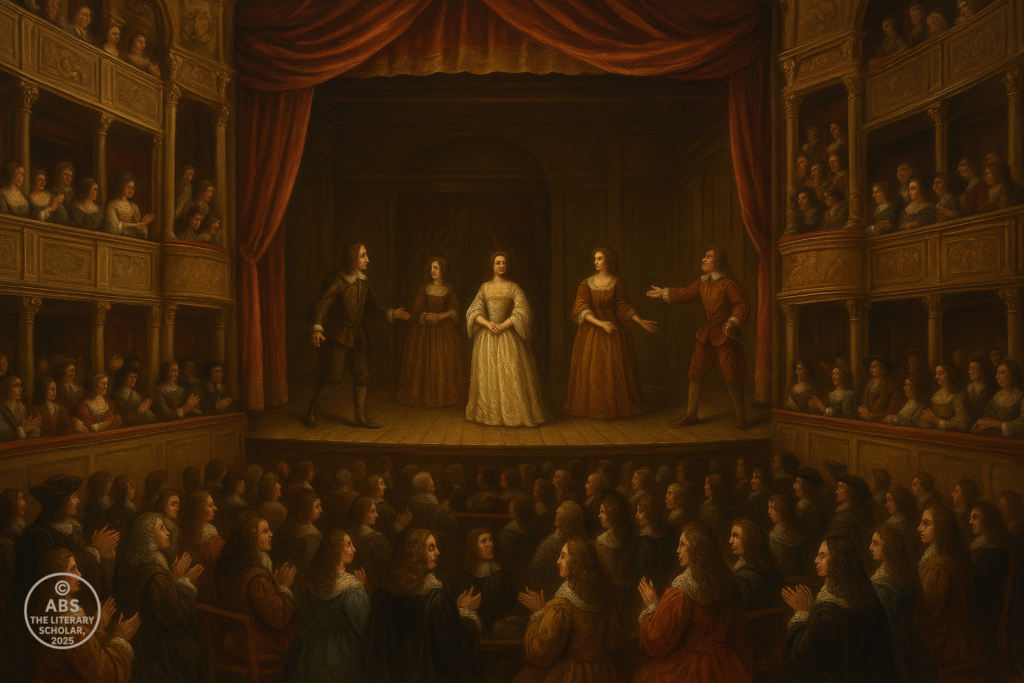Baroque oil painting of a Restoration theatre performance, with actors on stage and a richly dressed audience applauding in a grand, multi-tiered auditorium.