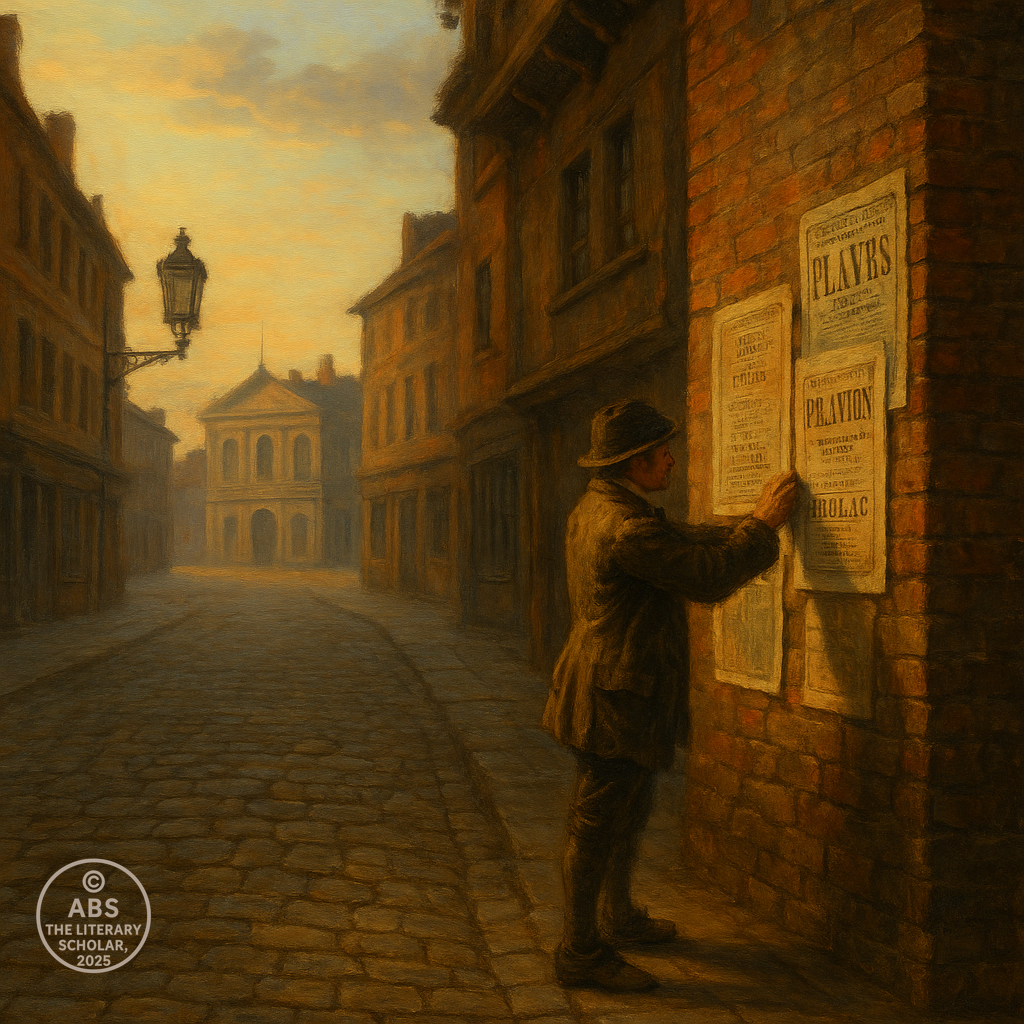 Oil painting of an empty London street at dawn, a man posting theatre playbills on a brick wall, with a theatre building visible in the distance.