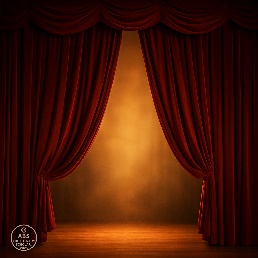 A rich red velvet theatre curtain rising on a dimly lit stage, with warm golden light spilling through, symbolising the dawn of a new cultural era.