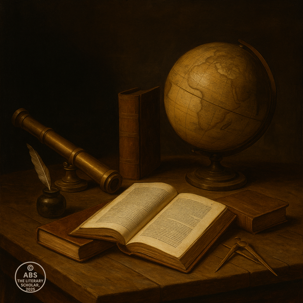 Baroque-style still life painting with an open book, brass telescope, antique globe, inkpot with quill, and compass on a wooden table under warm golden light.