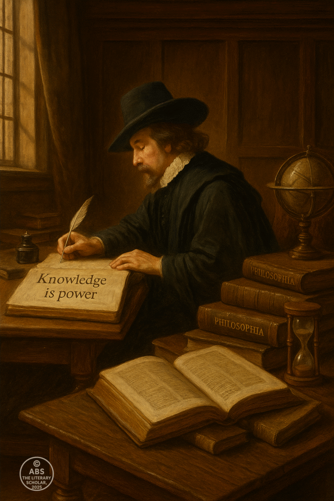 Baroque-style painting of Sir Francis Bacon seated at a large wooden desk, writing by candlelight, surrounded by open books and scientific instruments, with the quote “Knowledge is power” inscribed on an open page