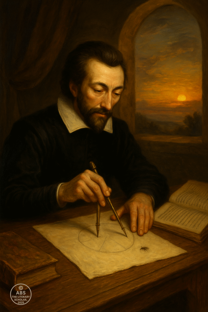 Baroque-style painting of John Donne drawing a circle with a compass on parchment, with a small flea nearby, books open on his desk, and a rising sun visible through an arched window.