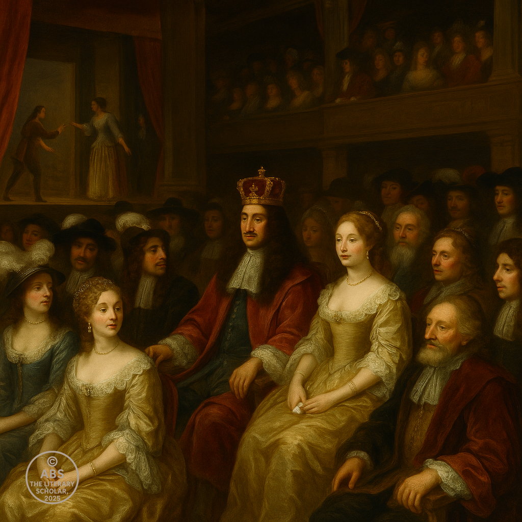 Baroque painting of King Charles II seated with nobles, duchesses, and courtiers watching a play on a Restoration theatre stage, richly dressed in silks and feathers.