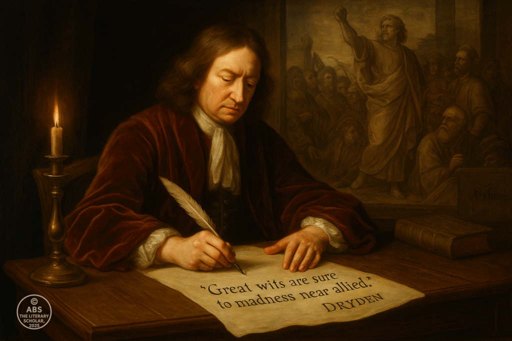 Baroque painting of John Dryden writing with a quill at his desk by candlelight, inscribing the quote “Great wits are sure to madness near allied,” with a background scene from Absalom and Achitophel depicting Absalom addressing a crowd.