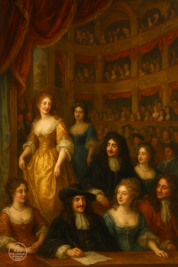 Baroque painting of a Restoration theatre interior, with richly dressed audience and courtiers, as two elegantly dressed actresses enter the stage under the gaze of King Charles II and his companions.