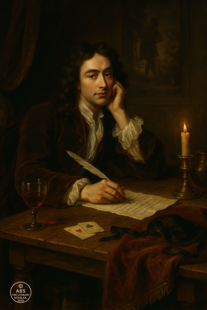 Baroque painting of a young nobleman writing poetry by candlelight at a wooden table, with playing cards, a black masquerade mask, and a glass of wine, symbolising the urbane wit and decadence of Restoration poetry.
