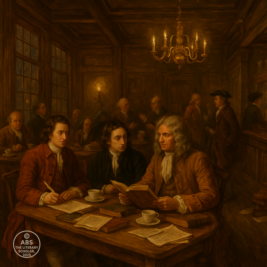 Baroque painting of a London coffeehouse interior with chandeliers, where Dryden, a young Pope, and fellow writers engage in animated discussion over coffee, surrounded by books and manuscripts.