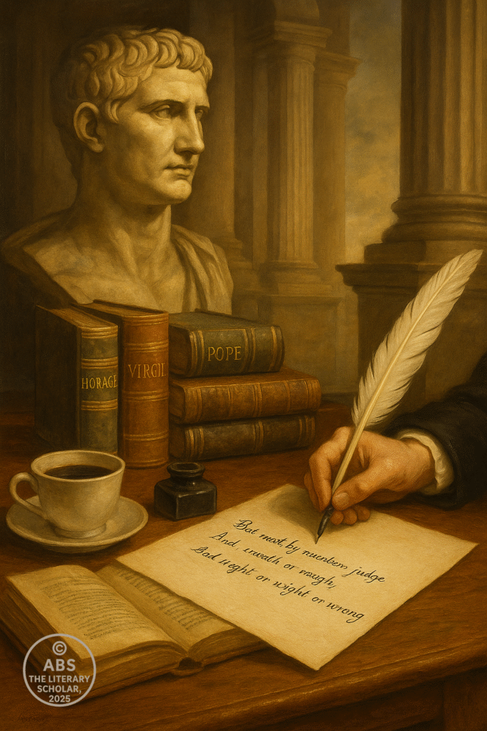 Oil painting showing a bust of Augustus beside classical columns, with a London coffeehouse table in the foreground featuring books labeled Horace, Virgil, and Pope, parchment with heroic couplets, quill, inkpot, and coffee cup