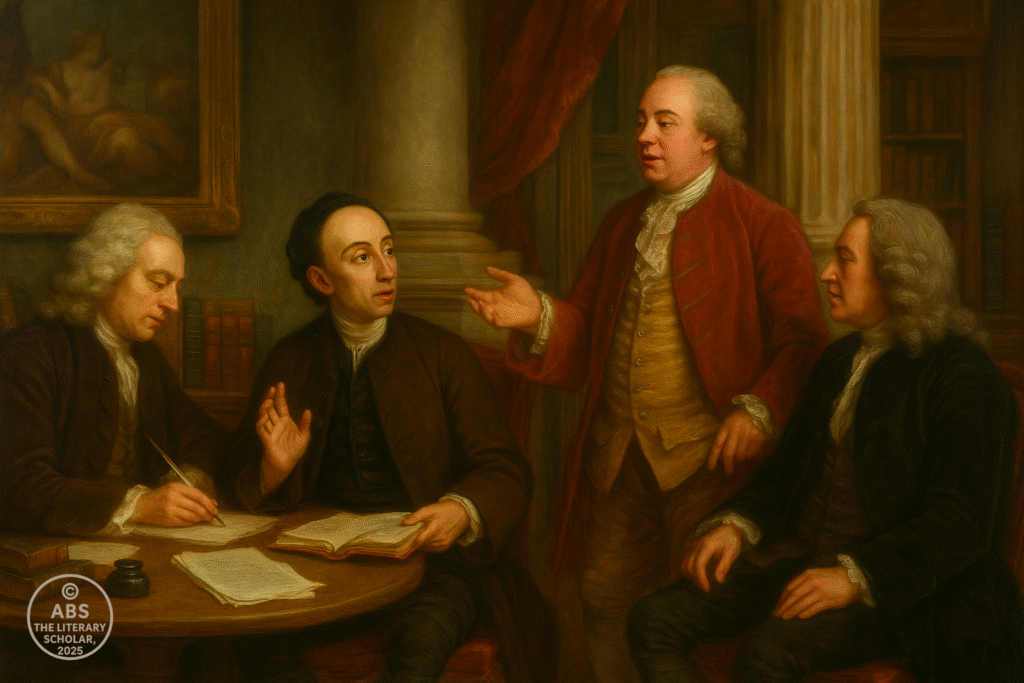 Oil painting depicting Alexander Pope engaged in animated discussion with fellow writers in a grand 18th-century London interior, surrounded by fluted columns, rich red draperies, and shelves of classical books.