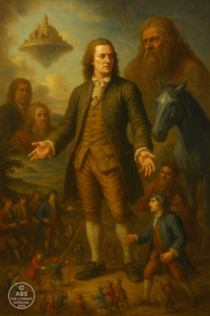 Oil painting illustrating Gulliver surrounded by Lilliputians near his feet, Brobdingnag giants in the background, the floating island of Laputa in the sky, and a calm Houyhnhnm horse beside him, capturing the imaginative scope of Gulliver’s Travels.