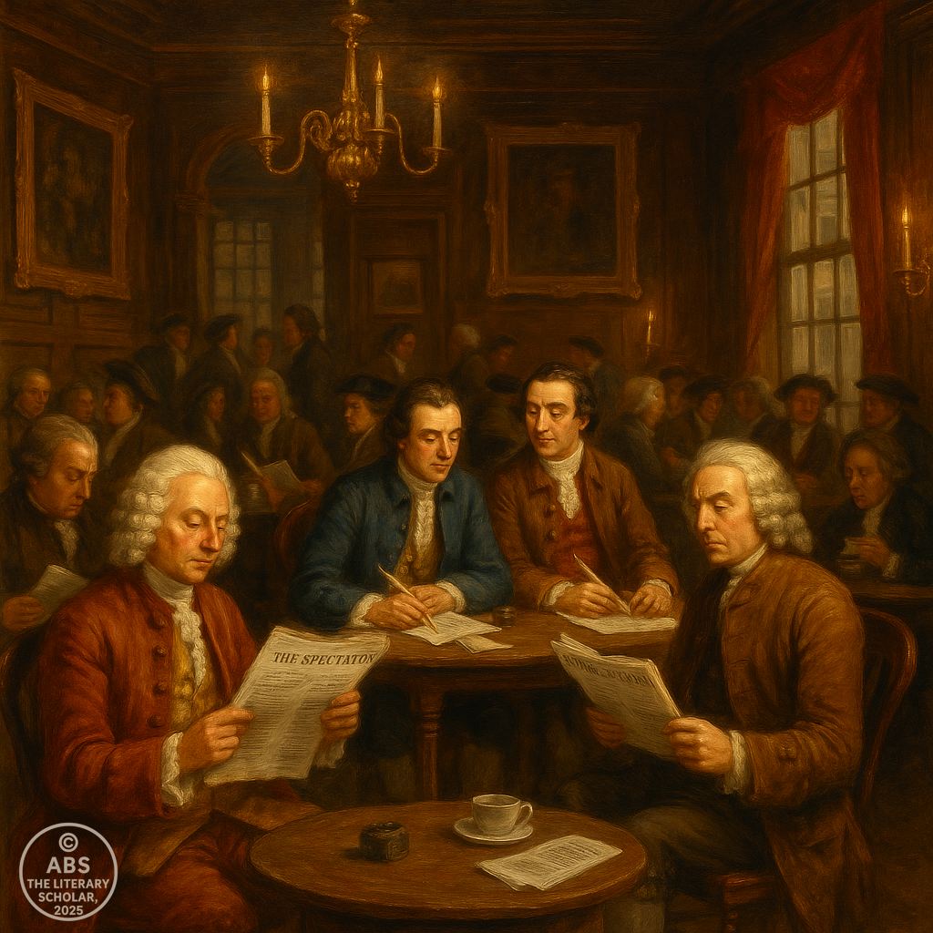 Oil painting of an 18th-century London coffeehouse with elegantly dressed patrons reading The Spectator, while Addison and Steele engage in discussion at the center table, amidst rich wooden decor and warm candlelight.