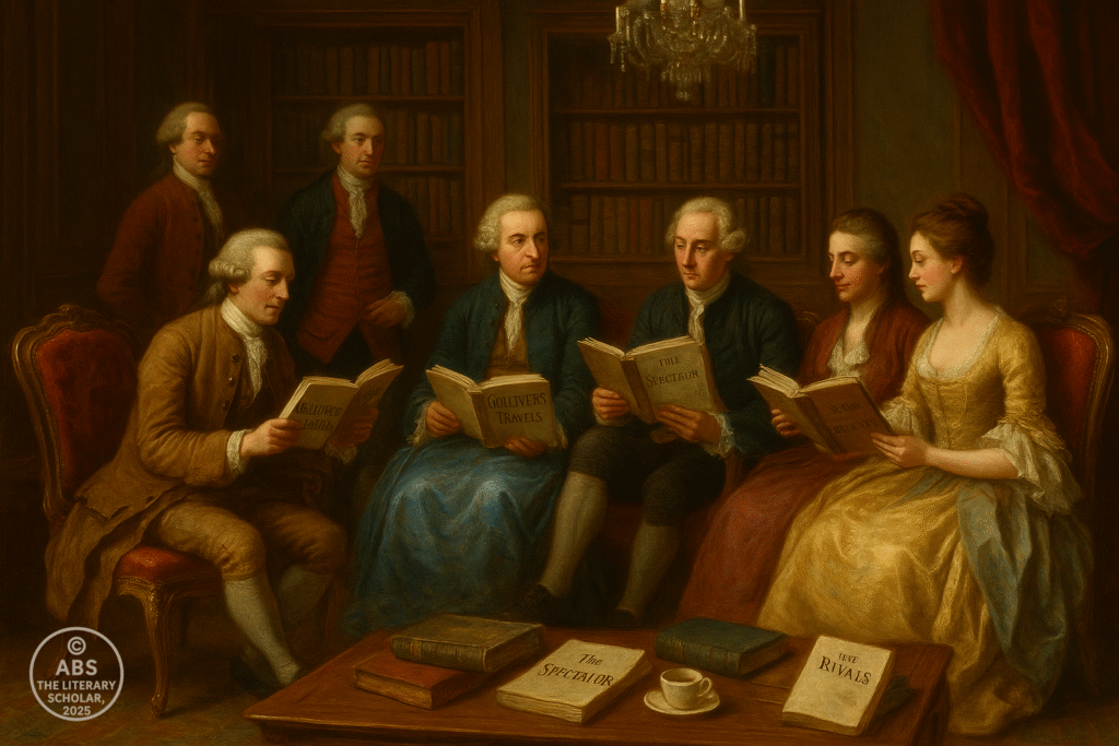 Oil painting of an 18th-century London salon where elegantly dressed men and women read and discuss The Rape of the Lock, Gulliver’s Travels, The Spectator, and The Rivals, surrounded by rich wooden bookshelves and a glowing chandelier.
