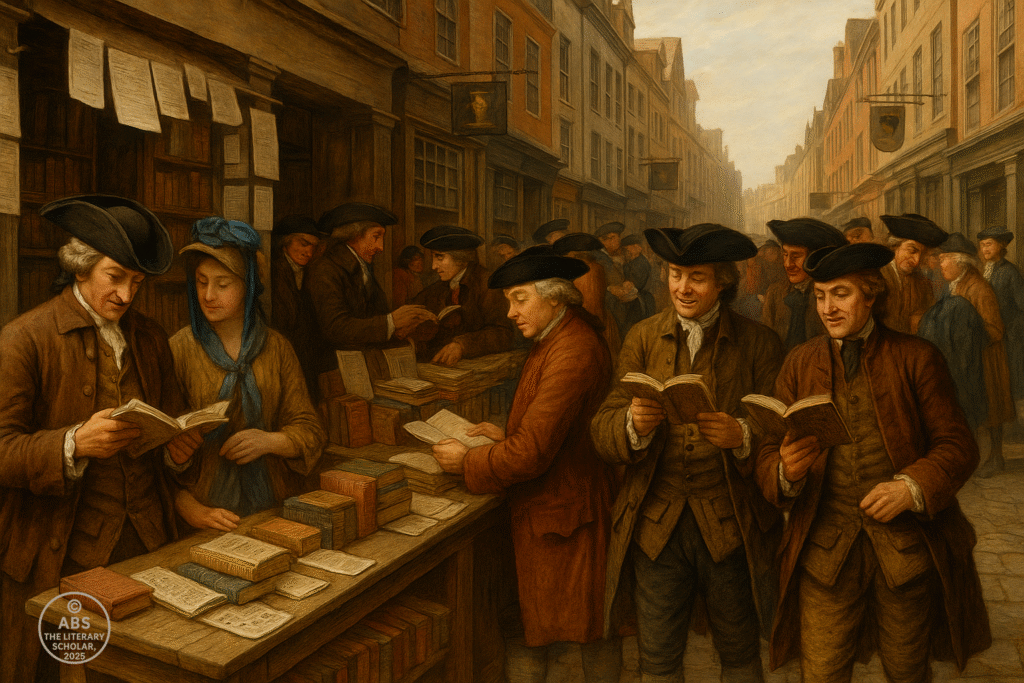 Detailed oil painting of an 18th-century London street with booksellers’ stalls, educated Londoners browsing and buying pamphlets and printed books, small groups engaged in discussion, symbolising the rise of middle-class reading culture in the Age of Johnson.