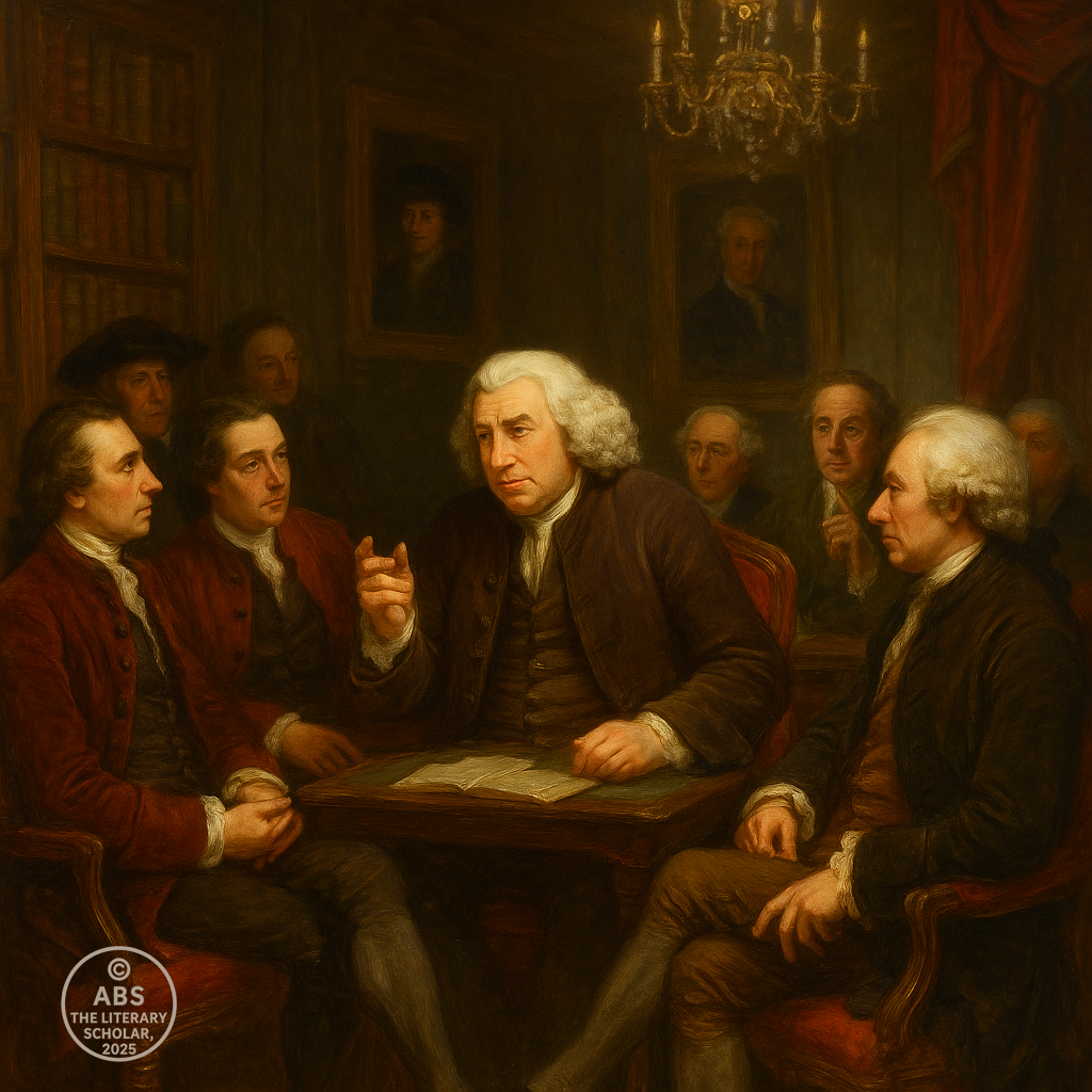 Oil painting of Samuel Johnson seated prominently in an 18th-century London salon, speaking to an attentive literary circle including Boswell, Burke, and Reynolds, with bookshelves and chandeliers framing the richly decorated room.