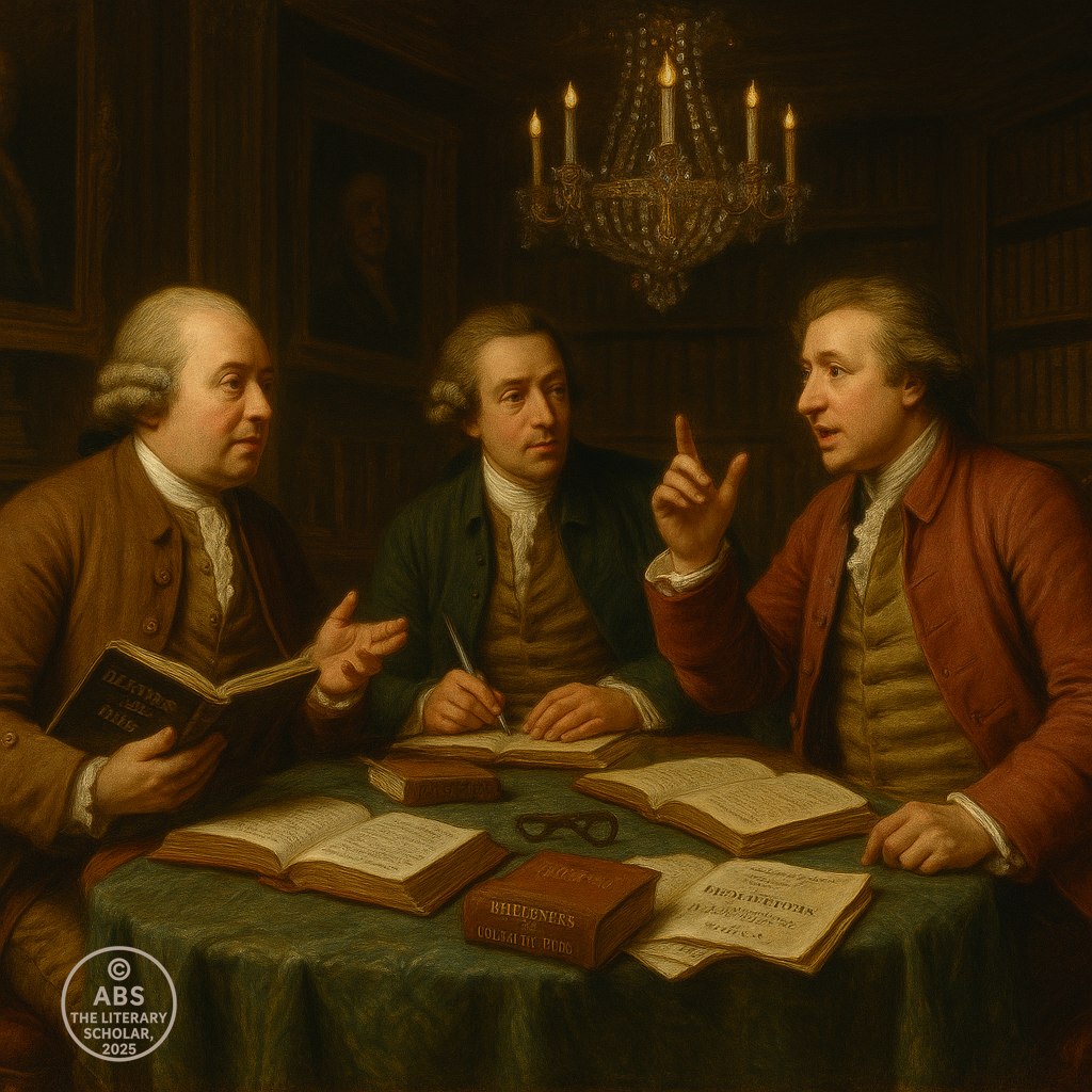 18th-century oil painting of Edward Gibbon, James Boswell, and Edmund Burke engaged in animated literary debate at a richly decorated table, with open books including Decline and Fall of the Roman Empire, Life of Johnson, and Reflections on the Revolution in France visible, surrounded by bookshelves and candlelight.