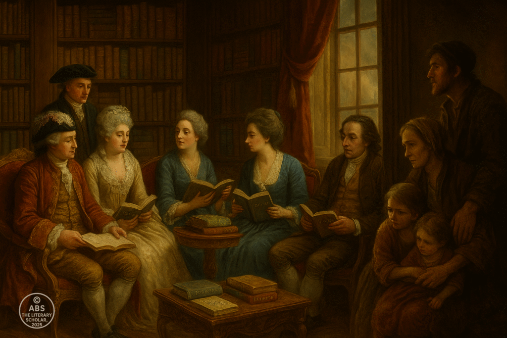 18th-century oil painting depicting a royal family elegantly seated and enjoying Neoclassical poetry in a grand salon, while a poor family stands in the shadows nearby, looking disappointed and disconnected from the highbrow literary culture.