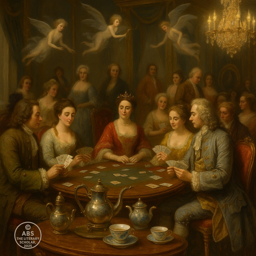 Rococo-style oil painting depicting Queen Anne’s grand court where ladies, gentlemen, duchesses, and barons play cards at opulent tables, surrounded by fine kettles, cups, and silken gowns, while delicate sylphs drift gracefully through the air amidst chandeliers and lavish decor.