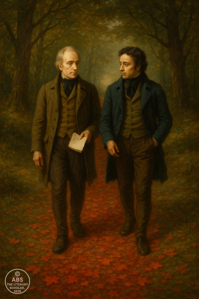 William Wordsworth and Samuel Taylor Coleridge walking on a woodland path carpeted with red leaves, symbolizing the dawn of Romantic poetry.