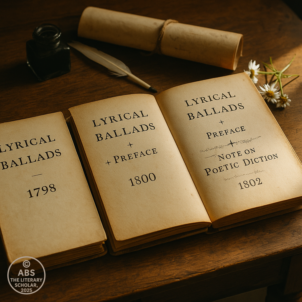 Three editions of Lyrical Ballads — 1798 original, 1800 with Preface, and 1802 with Preface and Note on Poetic Diction — displayed on a vintage desk.