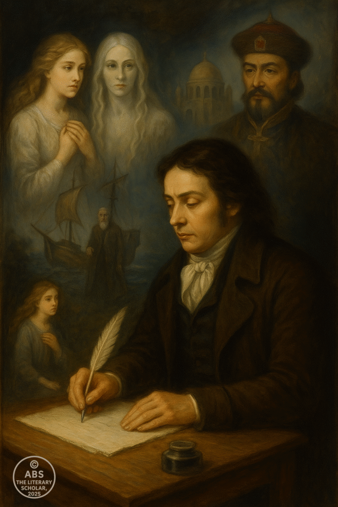 Samuel Taylor Coleridge writing as visions of Christabel and Geraldine, Kubla Khan’s palace, and the Ancient Mariner’s ghost ship appear around him.