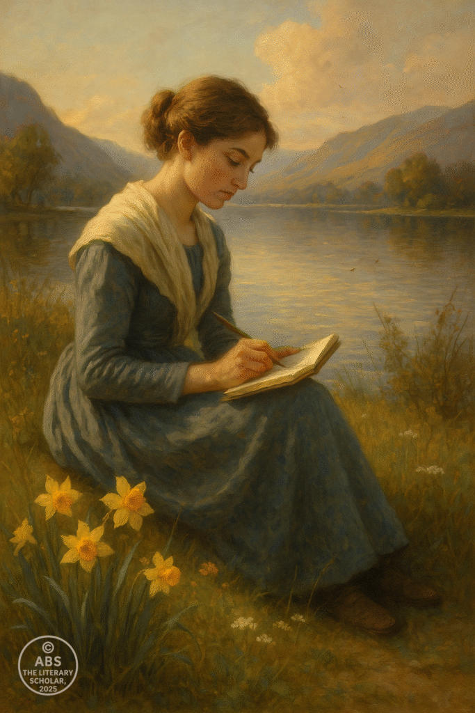 Young Dorothy Wordsworth writing in her journal beside a lake, surrounded by daffodils and wildflowers in the Lake District.