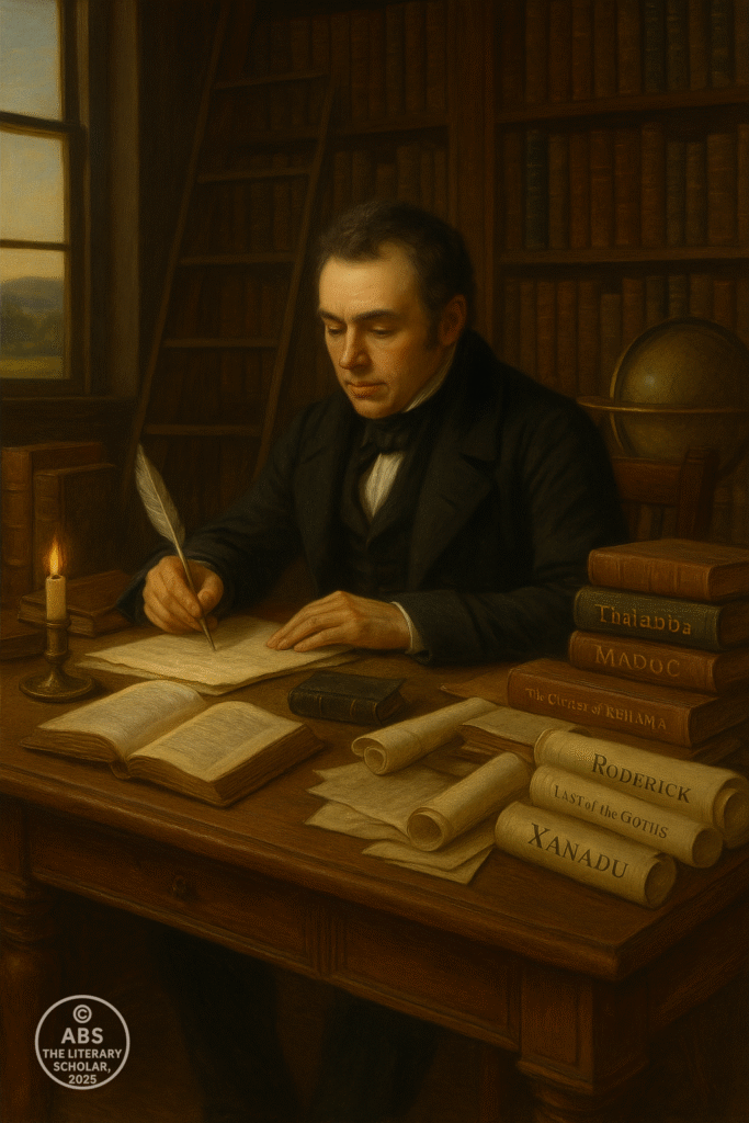 Robert Southey writing at a desk surrounded by scrolls and books, including his epic works, in a study filled with sunlight and shelves of historical references.